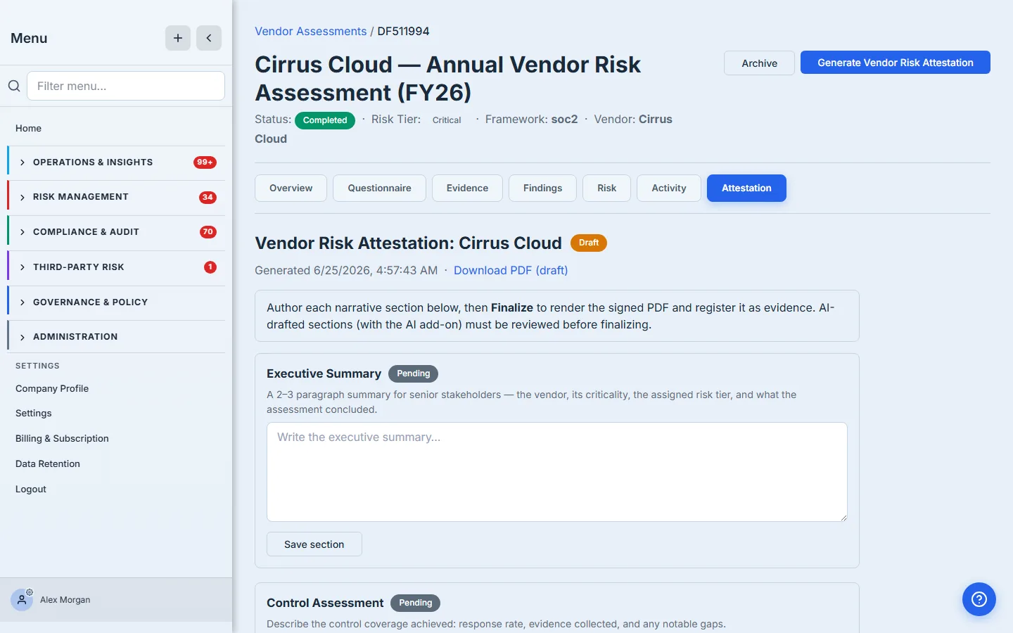The Attestation tab showing a freshly generated draft: three narrative sections (Executive Summary, Control Assessment, Risk Determination) each marked Pending, with an authoring box, plus a Download PDF (draft) link.
