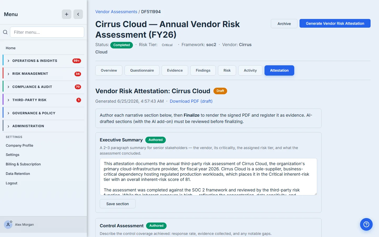 The Risk Determination section authored — a multi-paragraph rationale for the Critical tier — with its badge now reading "Authored" and the other two sections also complete.