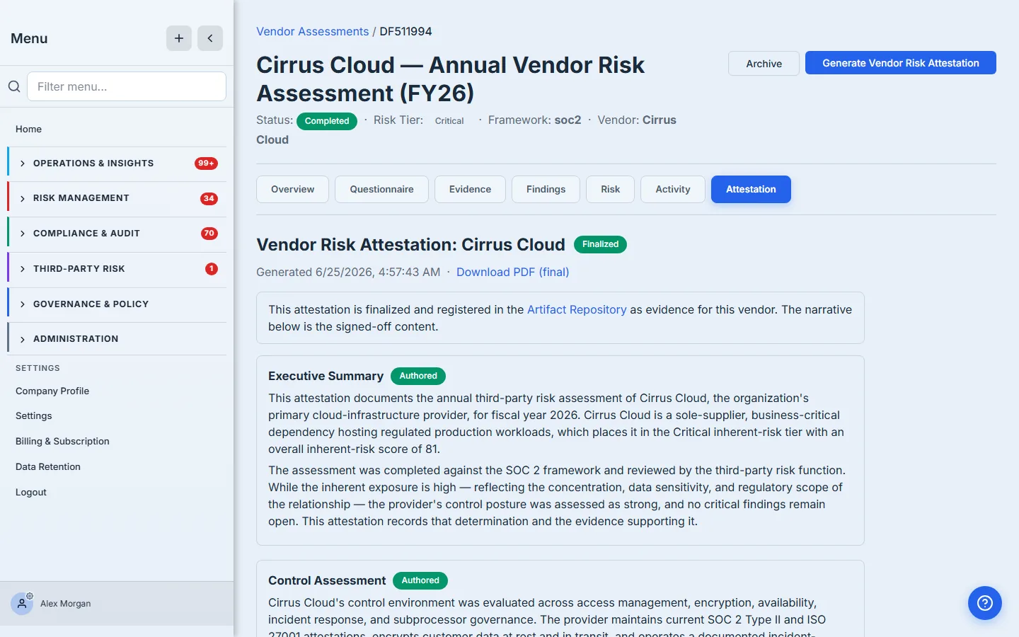 The finalized attestation on the Attestation tab — marked Finalized, with a note that it's registered in the Artifact Repository as evidence for the vendor, and a Download PDF (final) link.