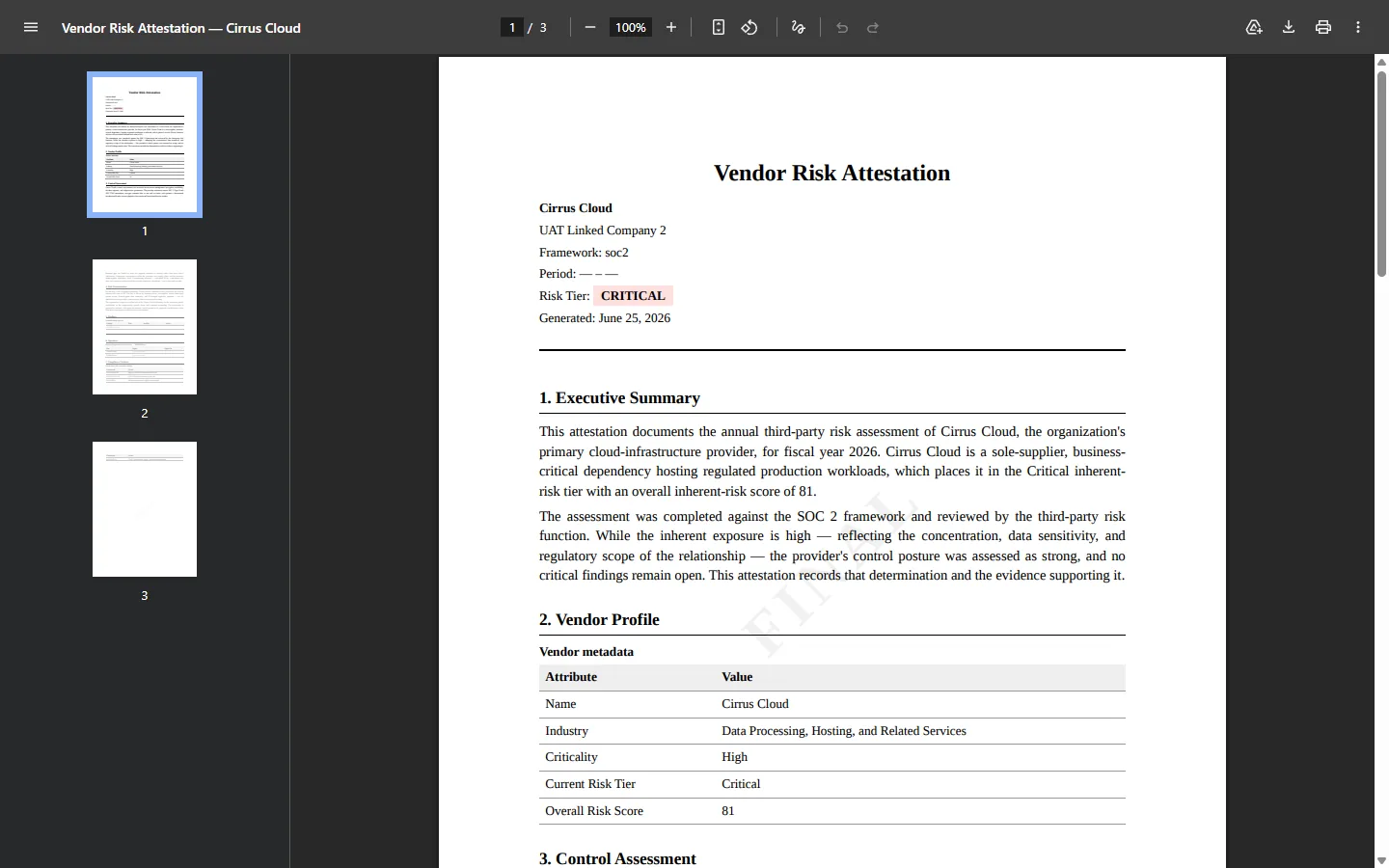 The finalized attestation PDF: the cover naming the vendor, organisation, framework and a CRITICAL risk-tier banner; the authored Executive Summary; and the Vendor Profile table showing name, industry, and criticality.