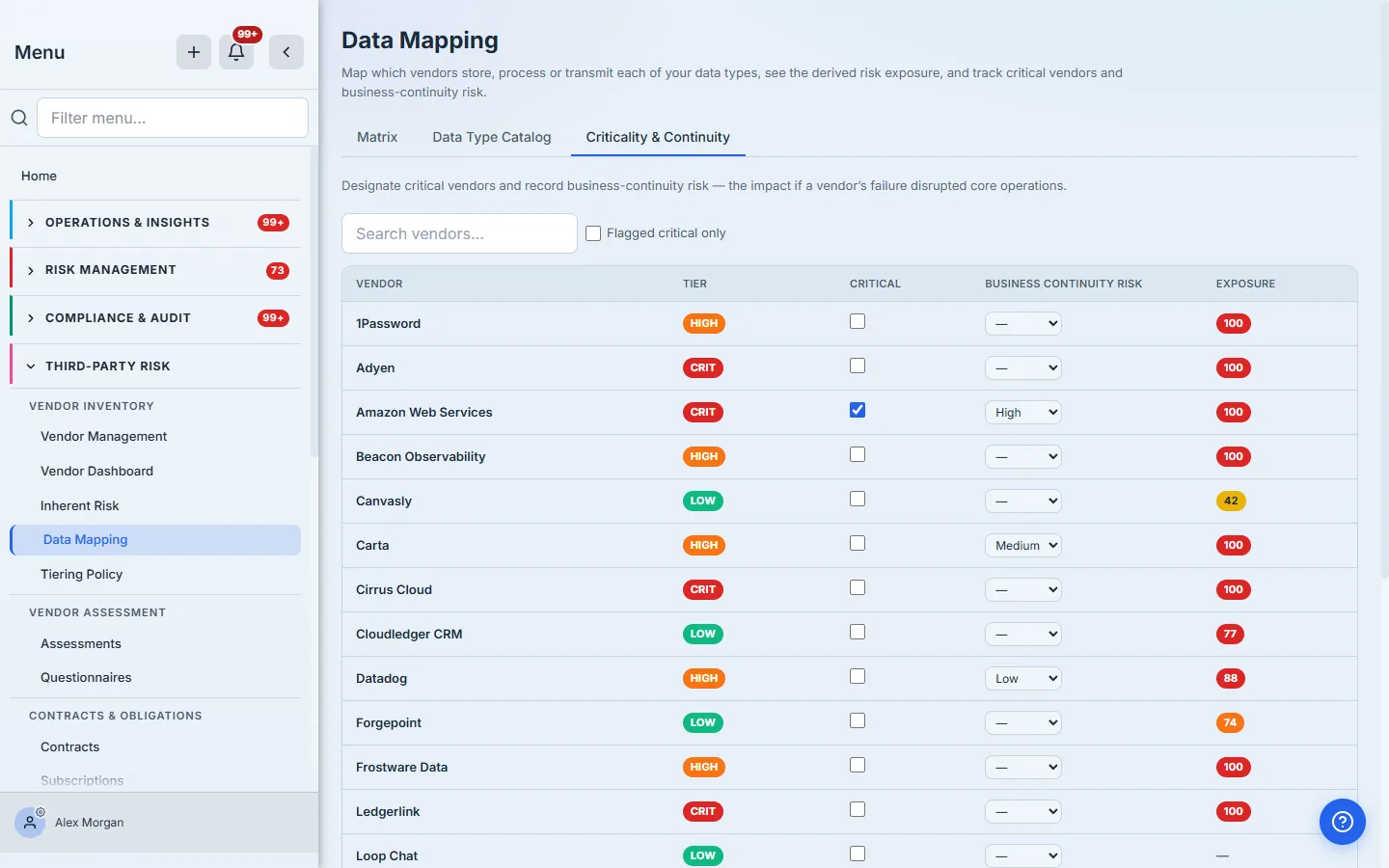 The Criticality & Continuity tab — a critical flag and a business-continuity rating per vendor, with the derived exposure alongside.