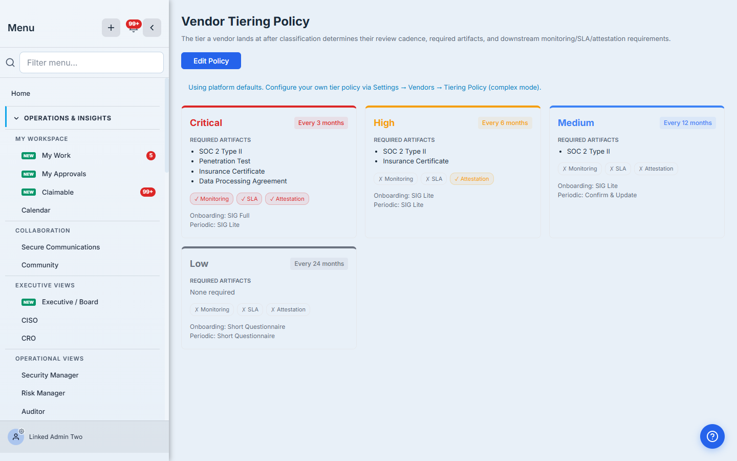 The vendor tiering policy — what each tier requires: review cadence, required artifacts, and monitoring/SLA/attestation flags.