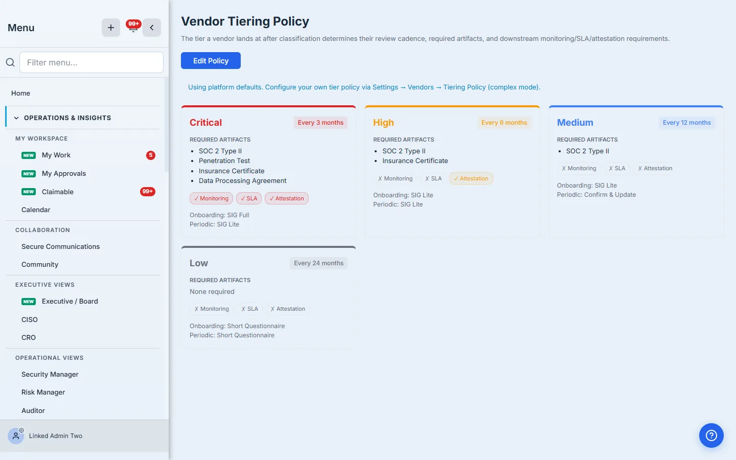 The vendor tiering policy — what each tier requires: review cadence, required artifacts, and monitoring/SLA/attestation flags.