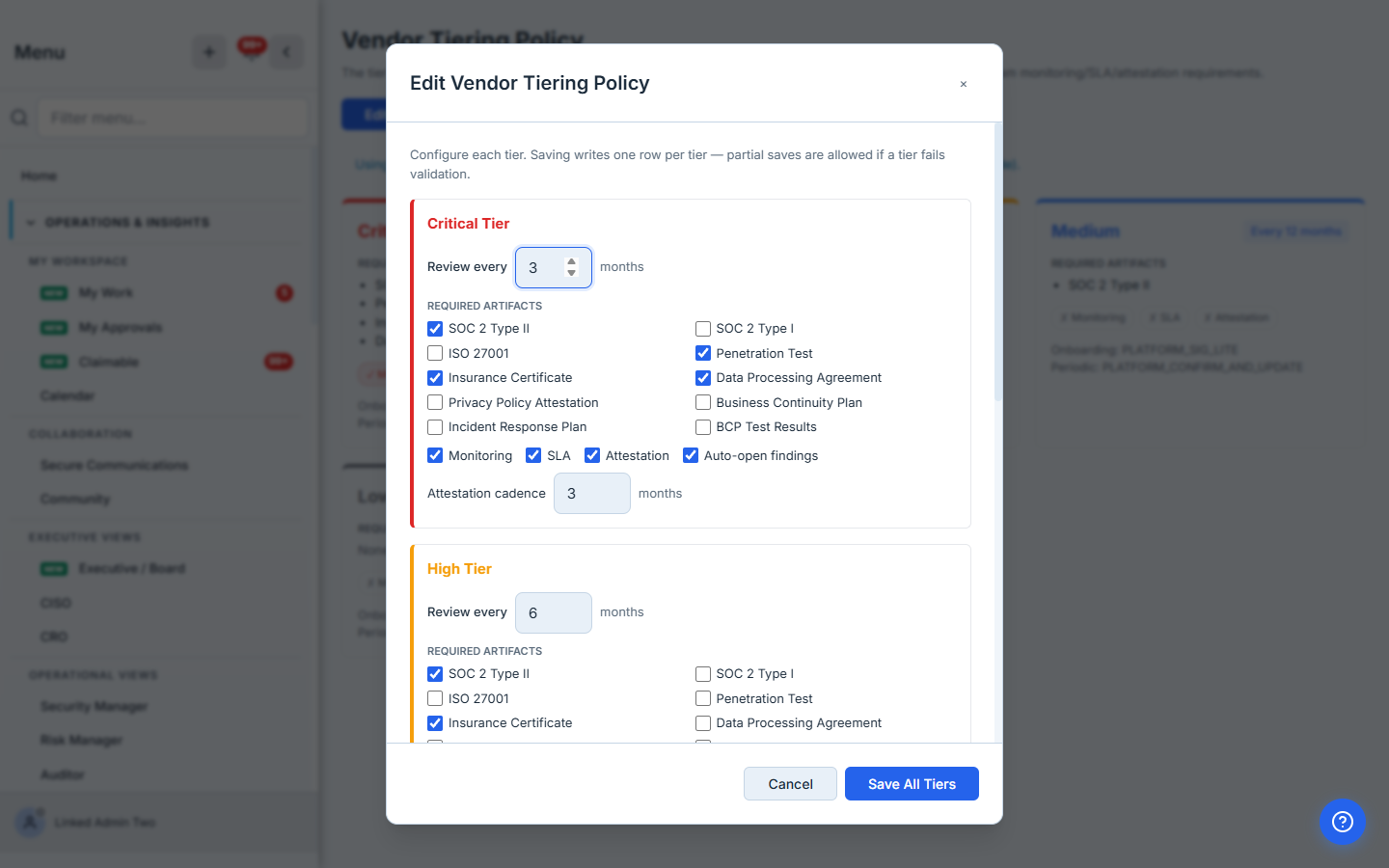 The edit-policy modal — per-tier configuration: cadence, required-artifact checkboxes, monitoring/SLA/attestation flags, attestation cadence, and auto-open-findings.