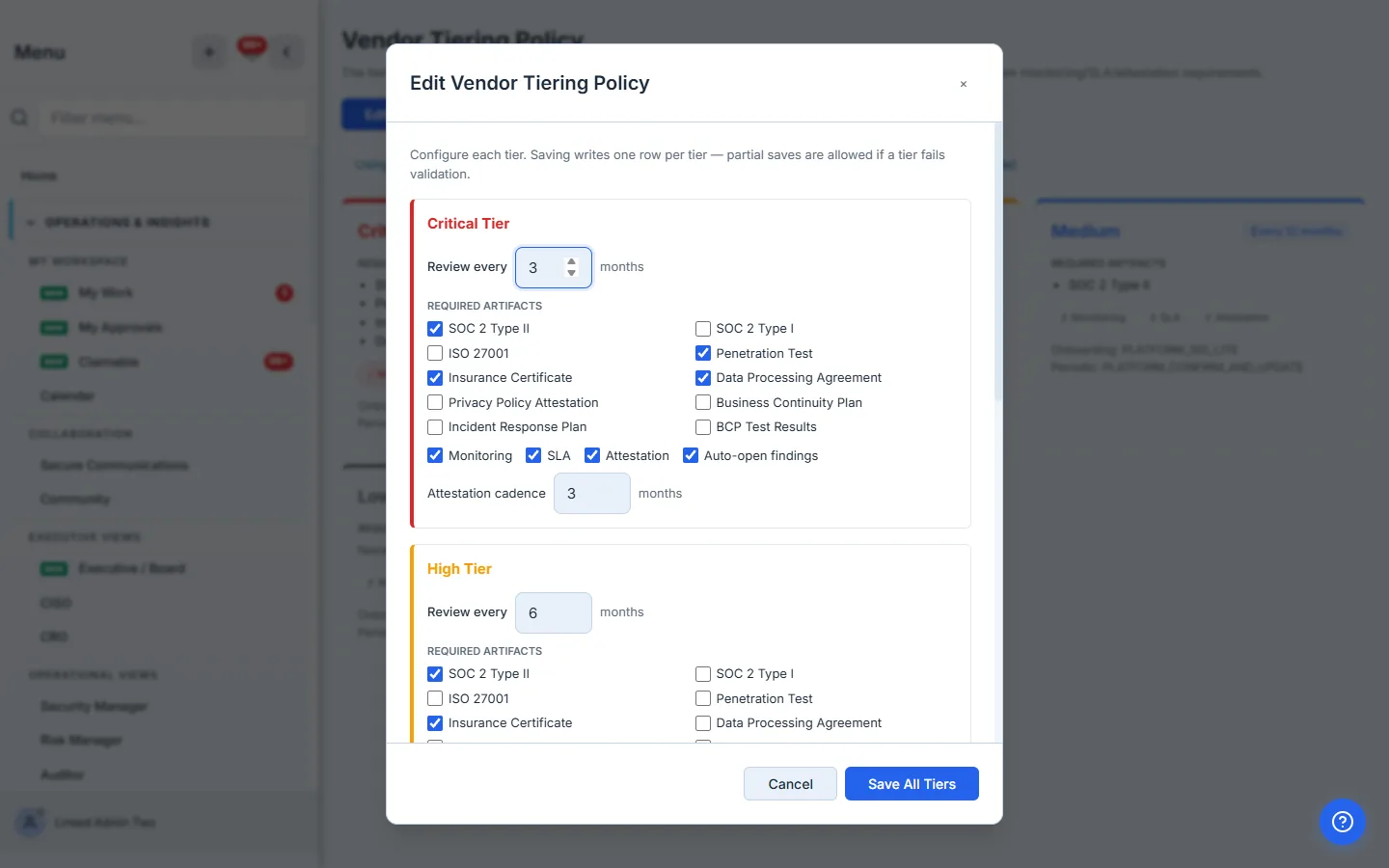 The edit-policy modal — per-tier configuration: cadence, required-artifact checkboxes, monitoring/SLA/attestation flags, attestation cadence, and auto-open-findings.