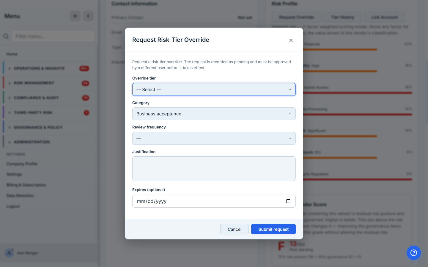 The risk-tier override request — manual tier, category, review frequency, justification, and expiry, with the separation-of-duties requirement stated up front.