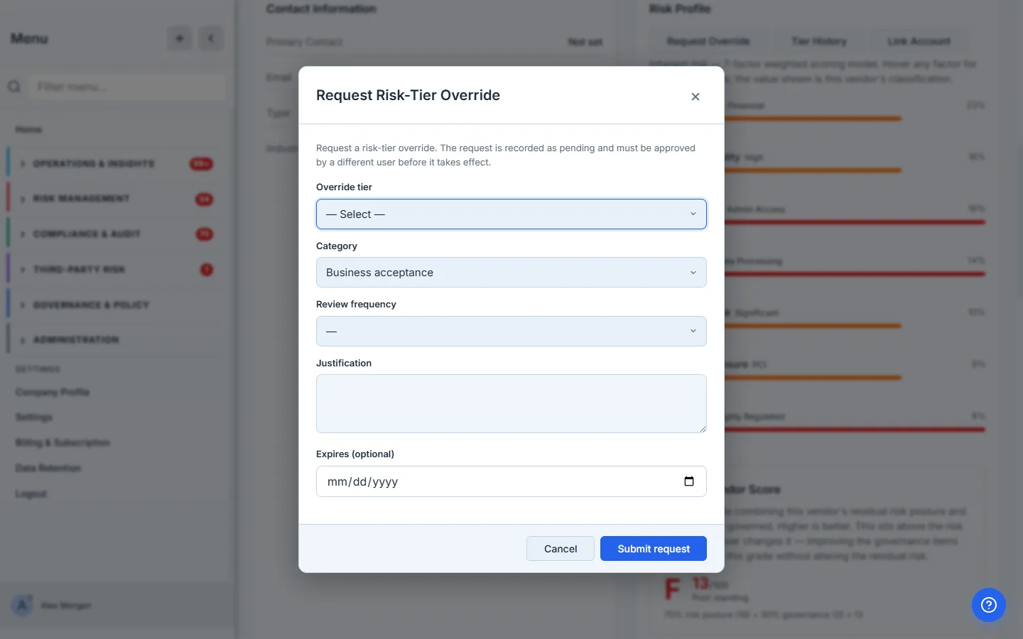 The risk-tier override request — manual tier, category, review frequency, justification, and expiry, with the separation-of-duties requirement stated up front.