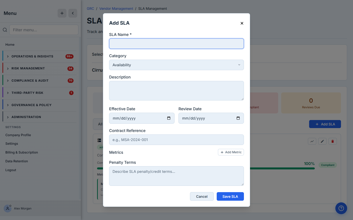 The Add SLA modal — SLA name, category, description, effective and review dates, contract reference, a Metrics builder, and penalty terms.