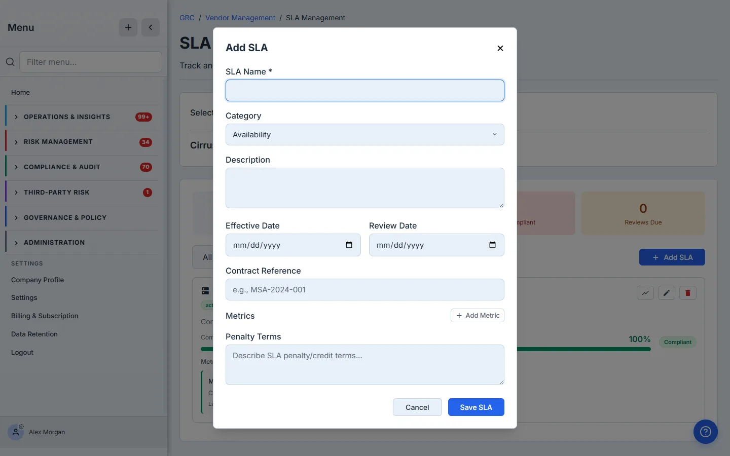 The Add SLA modal — SLA name, category, description, effective and review dates, contract reference, a Metrics builder, and penalty terms.