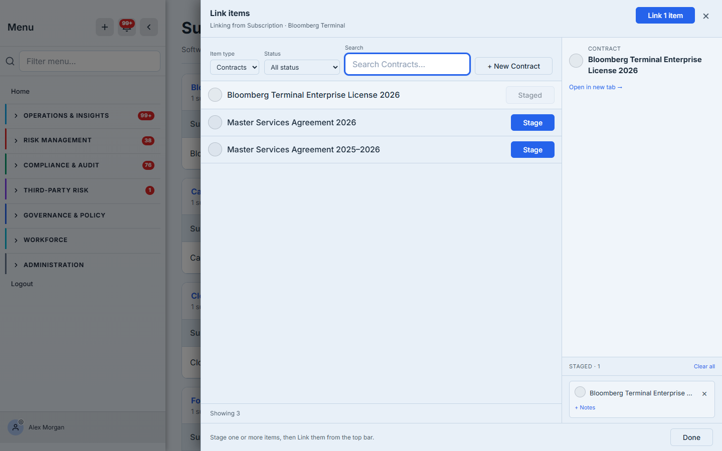 The link picker opened from the Bloomberg Terminal subscription — the header names the subscription being linked from, contracts are searchable with an inline "New Contract" option, and each is staged before linking.