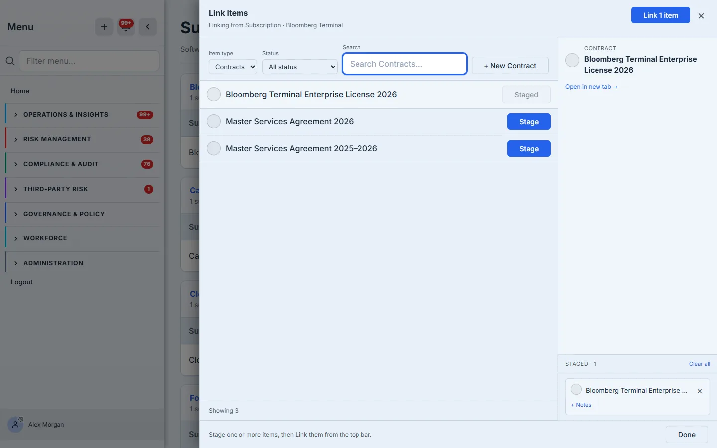 The link picker opened from the Bloomberg Terminal subscription — the header names the subscription being linked from, contracts are searchable with an inline "New Contract" option, and each is staged before linking.