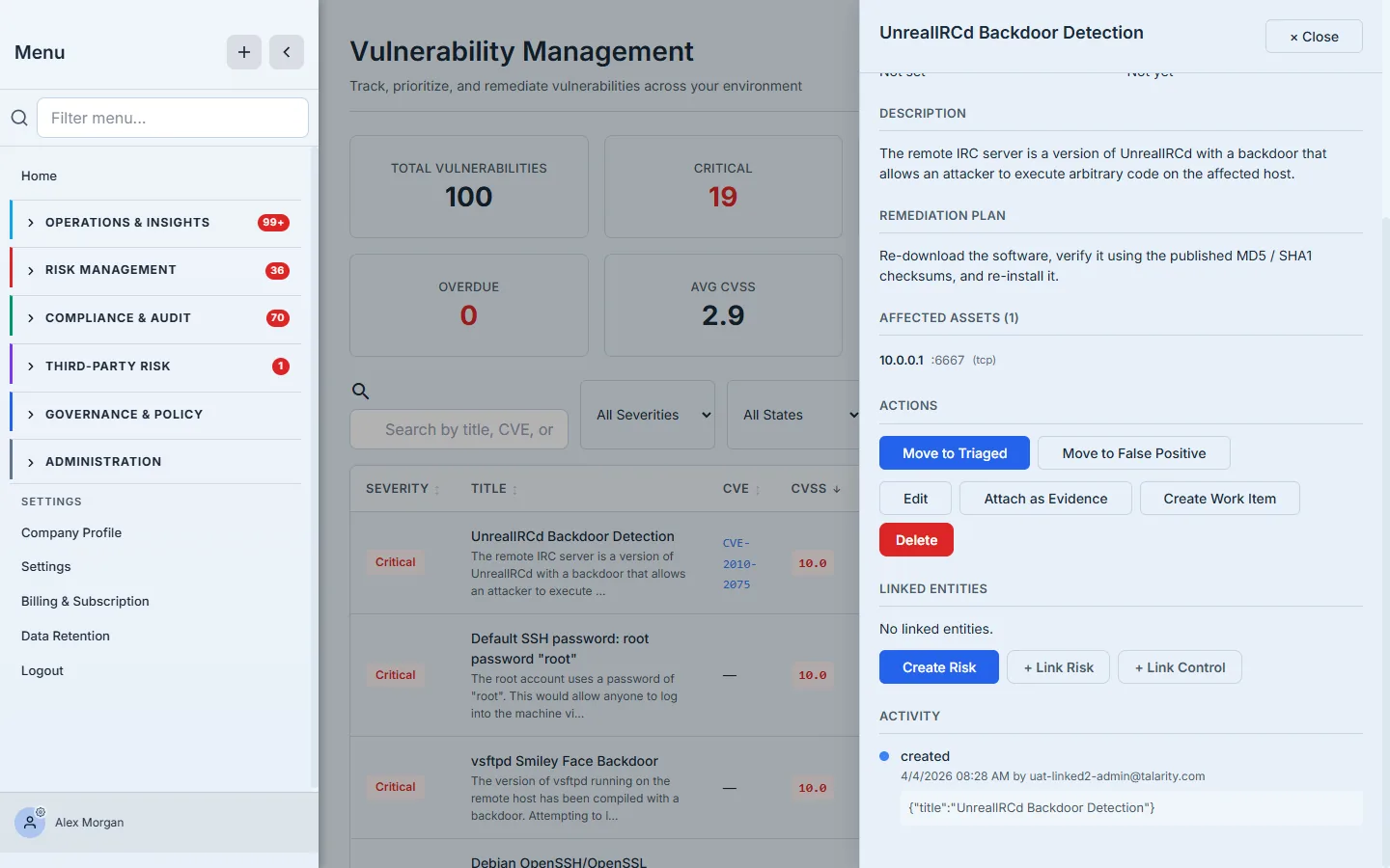 A vulnerability's detail panel for the UnrealIRCd backdoor finding — its description, remediation plan, and affected asset (10.0.0.1:6667/tcp) above the Actions row (Move to Triaged, Move to False Positive, Edit, Attach as Evidence, Create Work Item, Delete), the Linked Entities section with Create Risk / Link Risk / Link Control, and an activity log recording the lifecycle.