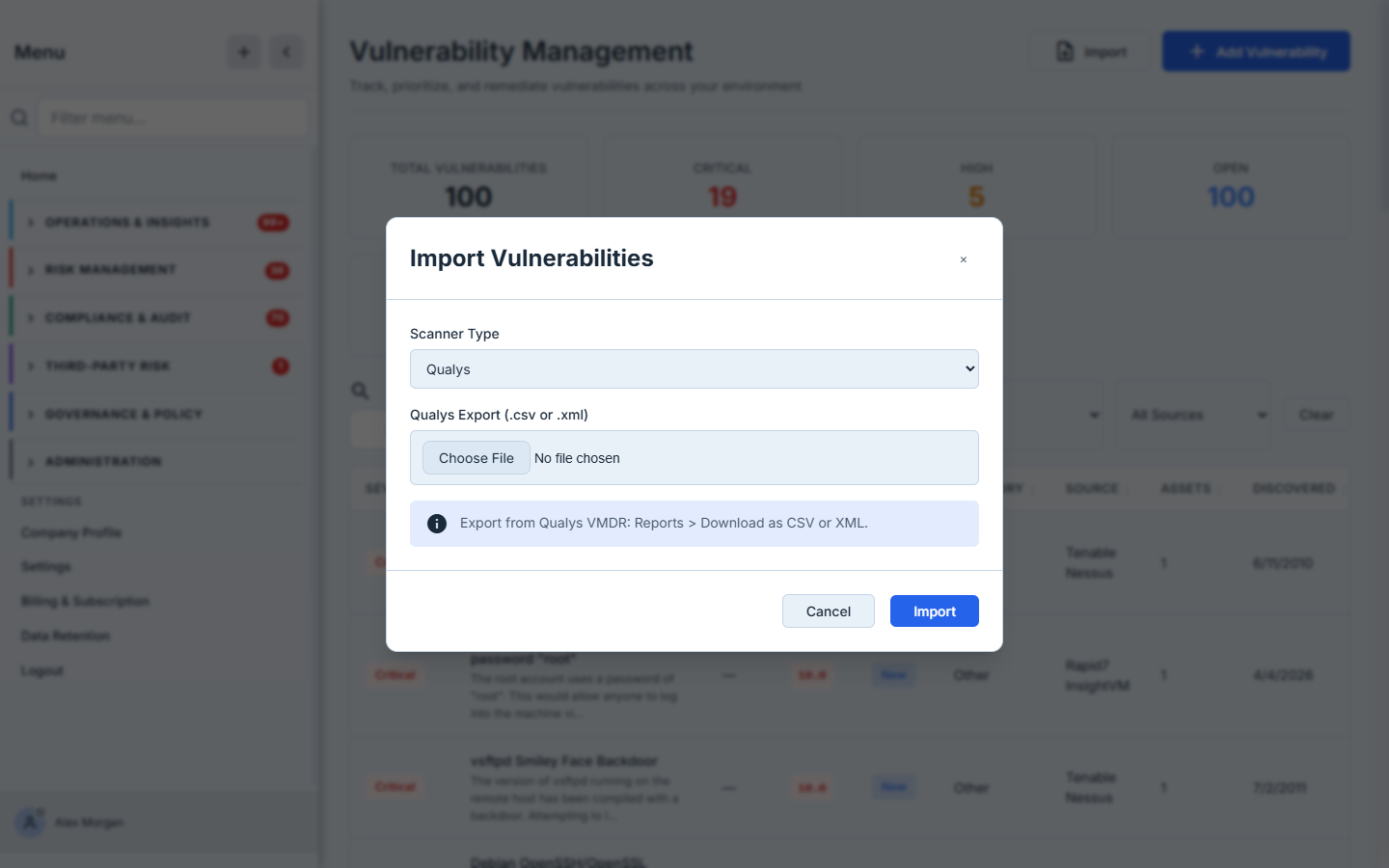 The Import Vulnerabilities modal — a Scanner Type selector (Qualys), a file picker for the CSV/XML export, and tool-specific guidance ("Export from Qualys VMDR: Reports > Download as CSV or XML").