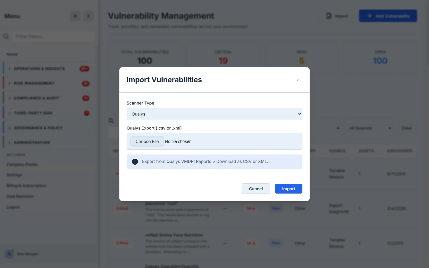 The Import Vulnerabilities modal — a Scanner Type selector (Qualys), a file picker for the CSV/XML export, and tool-specific guidance ("Export from Qualys VMDR: Reports > Download as CSV or XML").