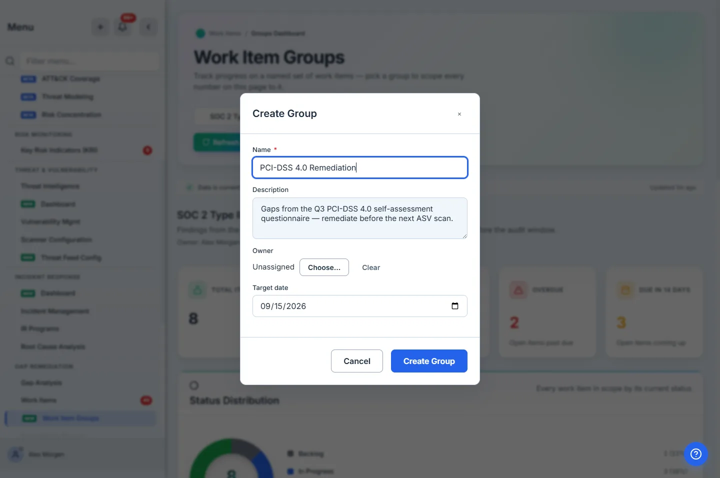 Creating a group — Name, Description, an Owner picker, and a Target date. Owner and target are what turn a bag of work items into a tracking unit with a deadline.