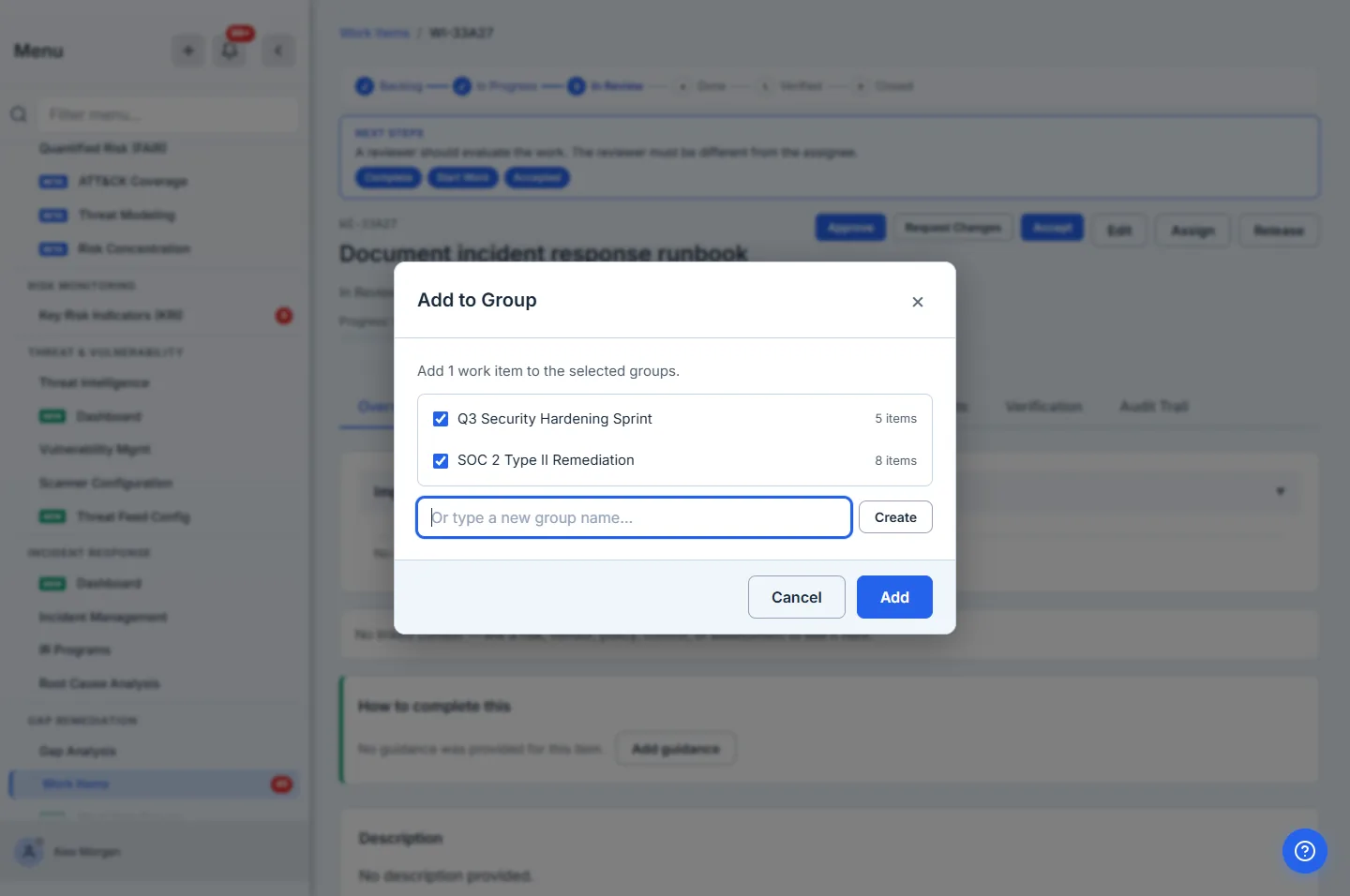 The Add to Group picker — a checklist of existing groups plus an inline "type a new group name" field, so a finding can join an audit group and a sprint group at once.