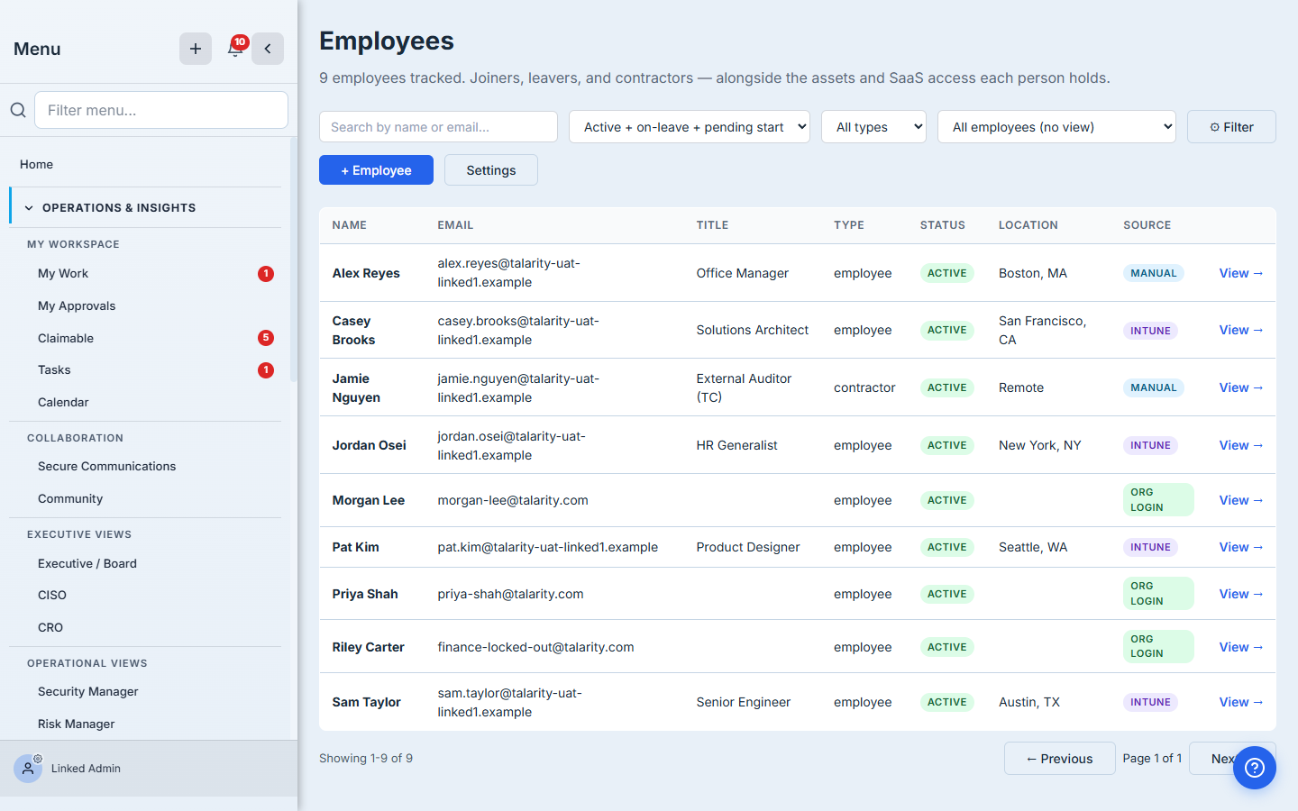 Workforce roster with three sources visible at once. Manual rows show a blue MANUAL badge; Intune-synced rows show a purple INTUNE badge; rows materialized from an existing Talarity login show a green ORG LOGIN badge.