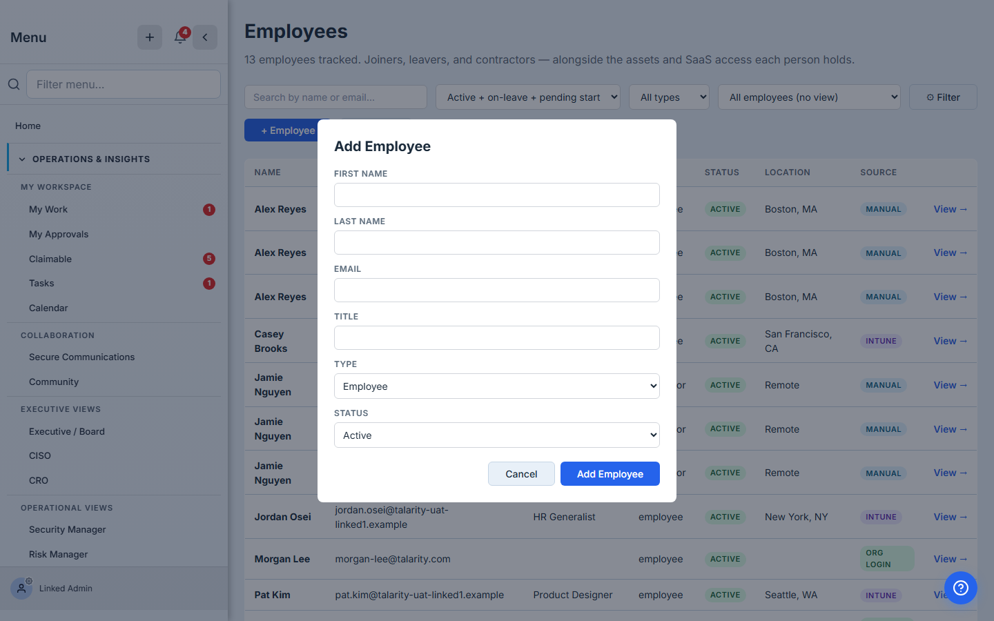 Add Employee modal — empty state. First Name, Last Name, Email, Title, Type, Status fields. Cancel + Add Employee at the bottom.