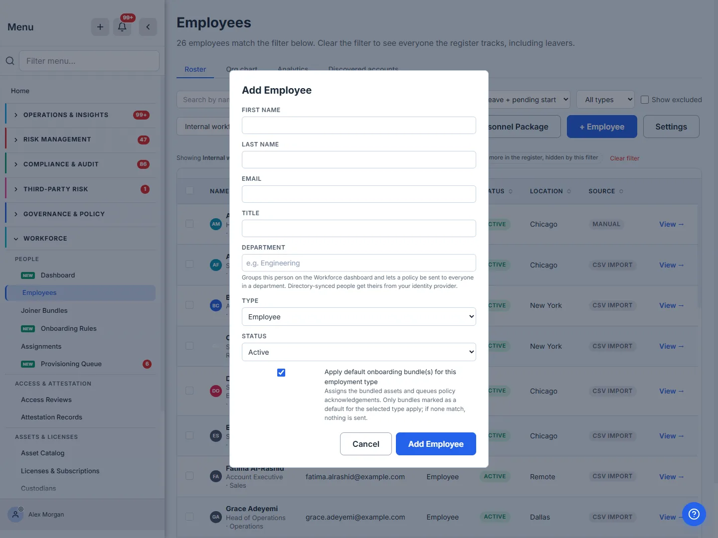 Add Employee modal — empty state. First Name, Last Name, Email, Title, Department (with helper text explaining it groups the person on the dashboard and lets a policy be sent to a whole department), Type and Status fields, then a plain-language "Apply default onboarding bundle(s)" checkbox, with Cancel + Add Employee at the bottom.
