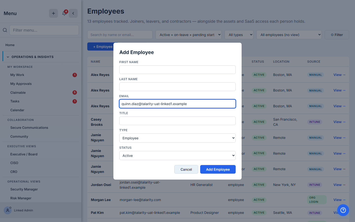 Add Employee modal — partially filled with Quinn Diaz as the new hire. Cancel + Add Employee still at the footer.