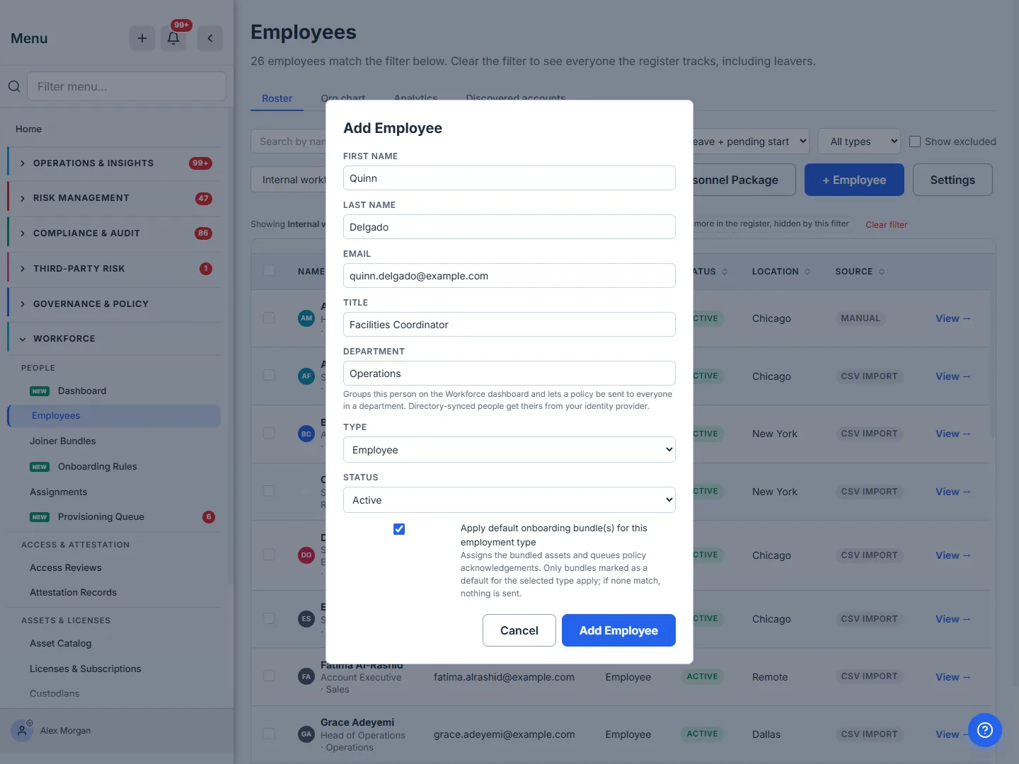 Add Employee modal — filled for a new hire: Quinn Delgado, quinn.delgado@example.com, Facilities Coordinator, Department Operations. Cancel + Add Employee at the footer.