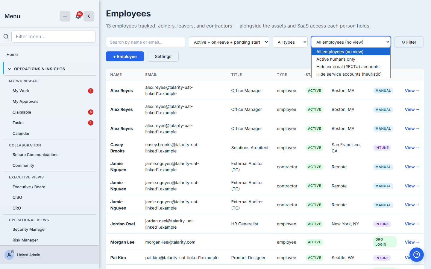View switcher dropdown open on the roster — All employees (no view) at the top, then the three system presets: Active humans only, Hide external (#EXT#) accounts, Hide service accounts (heuristic).