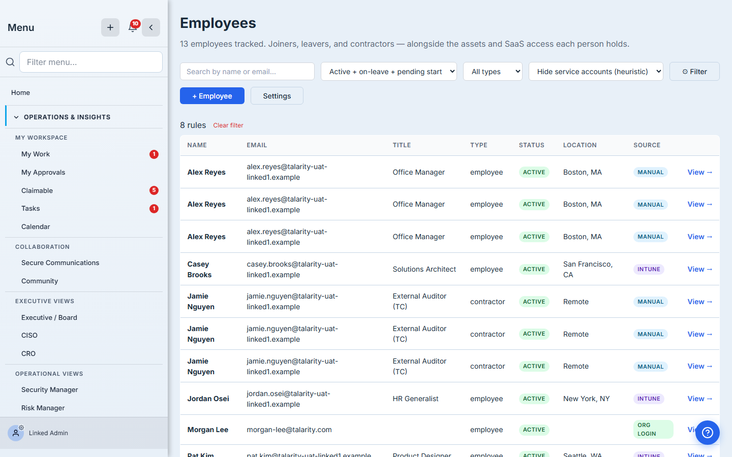 Roster with the "Hide service accounts (heuristic)" preset applied — header shows the active filter chip and the row count drops as service-account-looking emails are filtered out.