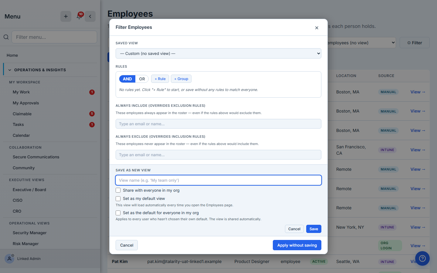 Save as new view panel inside the filter modal — View name input ("e.g. 'My team only'"), then three checkboxes: Share with everyone in my org / Set as my default view / Set as the default for everyone in my org, with the explanation of each option directly below the checkbox.