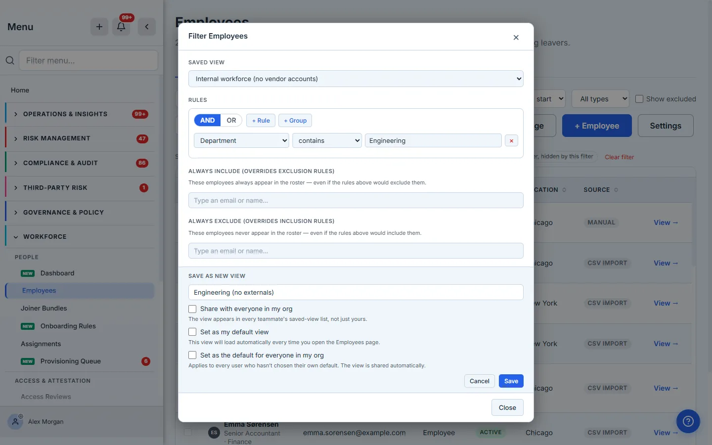 Save as new view panel inside the filter modal — View name input ("e.g. 'My team only'"), then three checkboxes: Share with everyone in my org / Set as my default view / Set as the default for everyone in my org, with the explanation of each option directly below the checkbox.