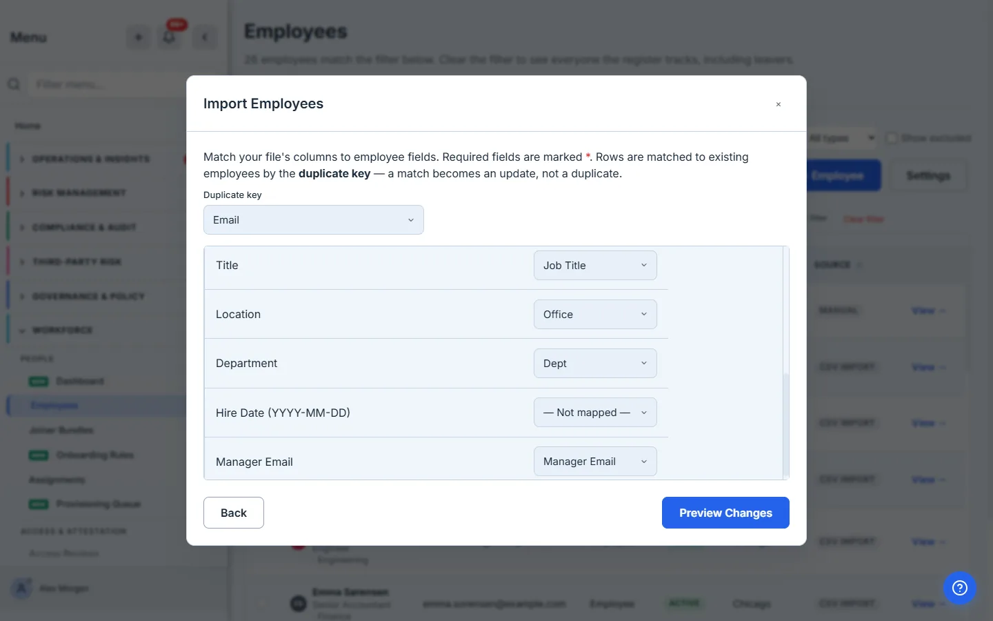 The import wizard's column-mapping step — an "Employee Field ↔ File Column" table with Dept auto-matched to Department, Job Title to Title and Office to Location, above a Duplicate key of Email and a "Preview Changes" button.