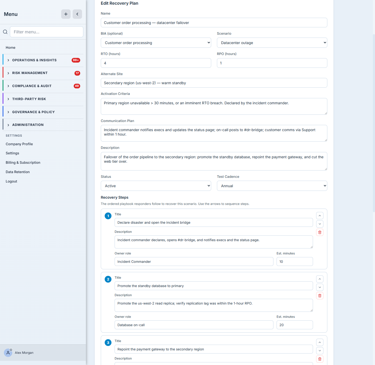 The recovery-plan form — name, the BIA it's tied to, the disaster scenario, RTO/RPO targets, alternate site, activation criteria, and communication plan.