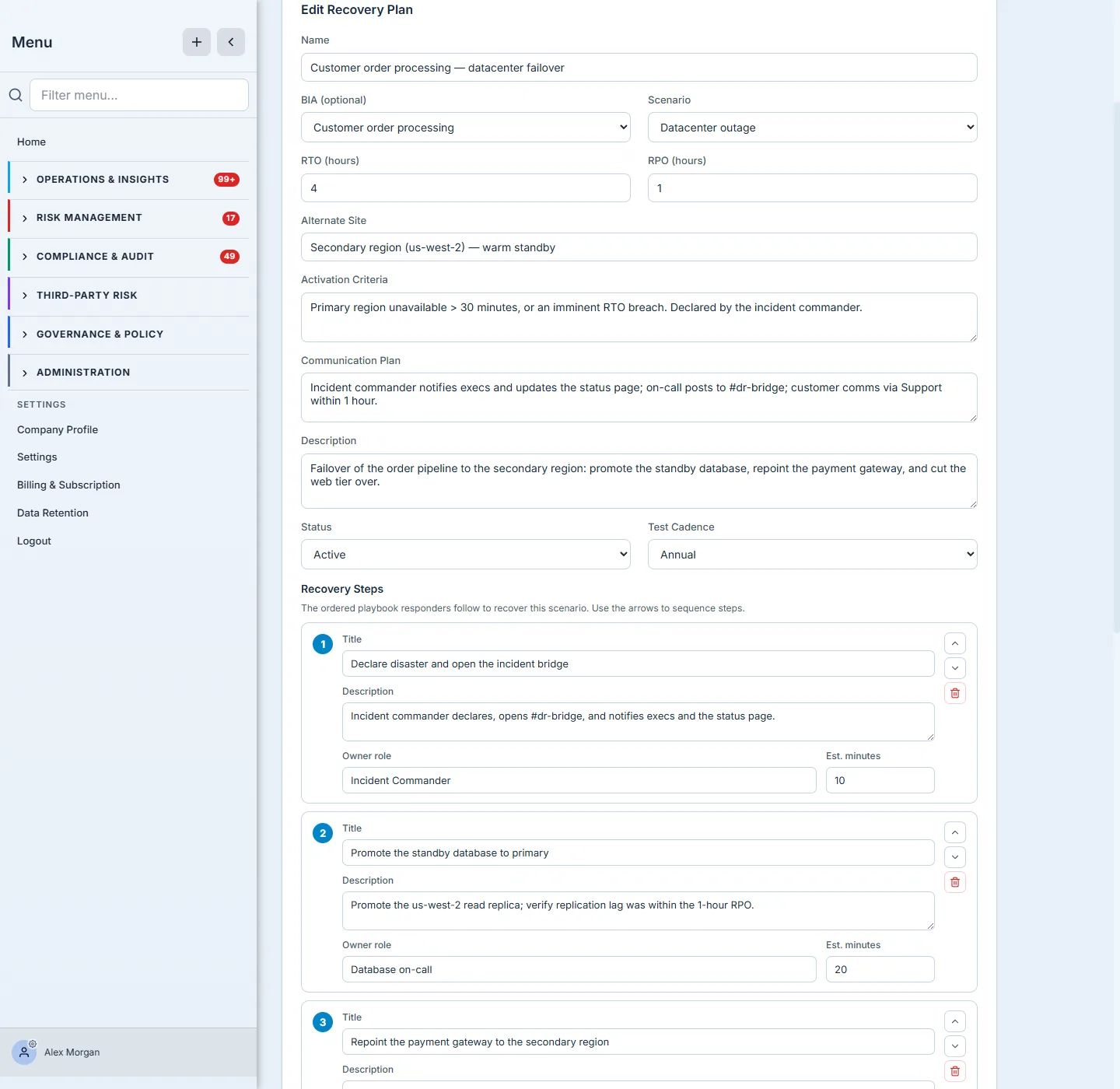The recovery-plan form — name, the BIA it's tied to, the disaster scenario, RTO/RPO targets, alternate site, activation criteria, and communication plan.