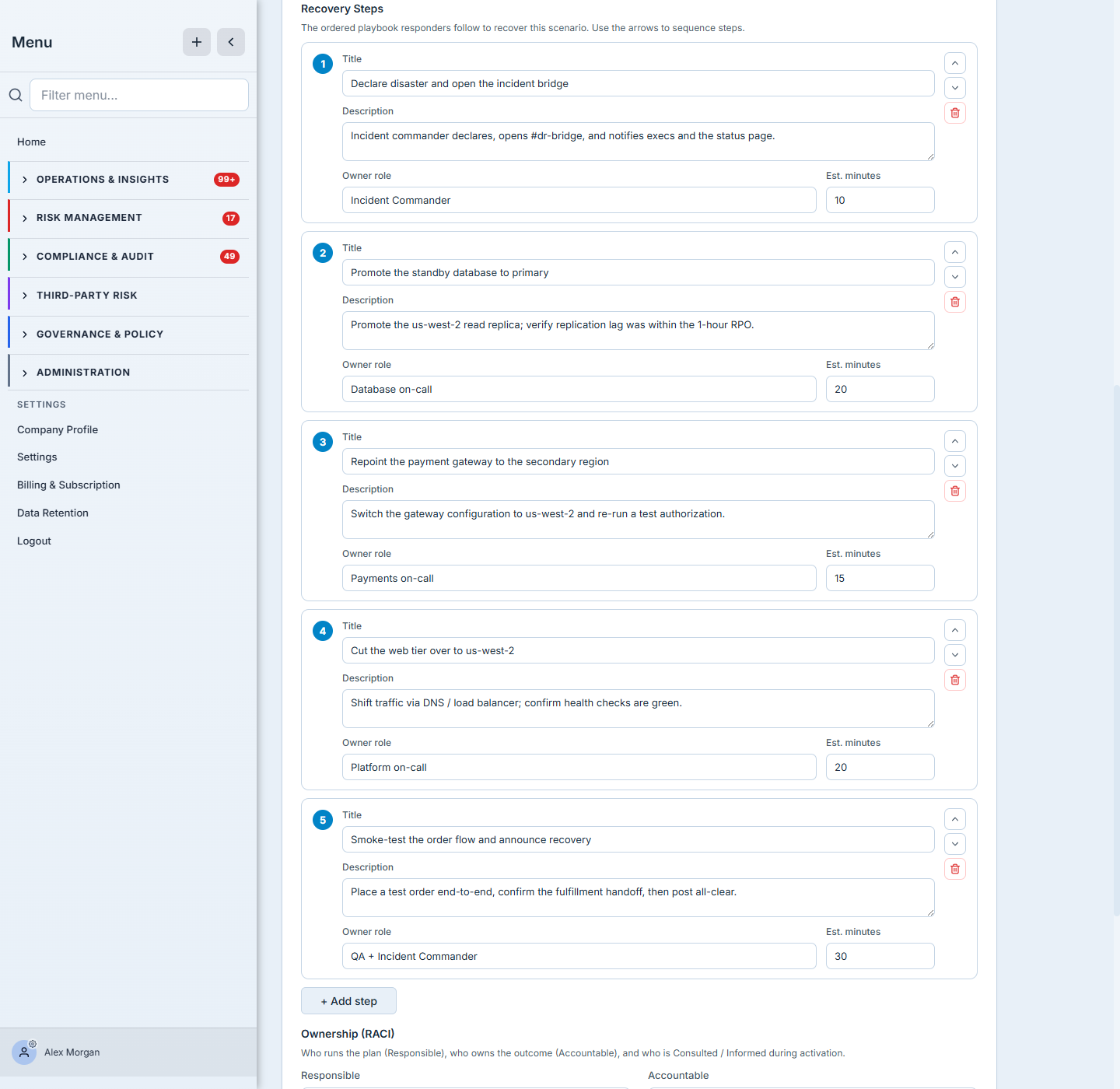 The ordered recovery steps — each with a title, what-to-do/how-to-confirm detail, an owner role, and an estimated duration, sequenced into the runbook responders follow.