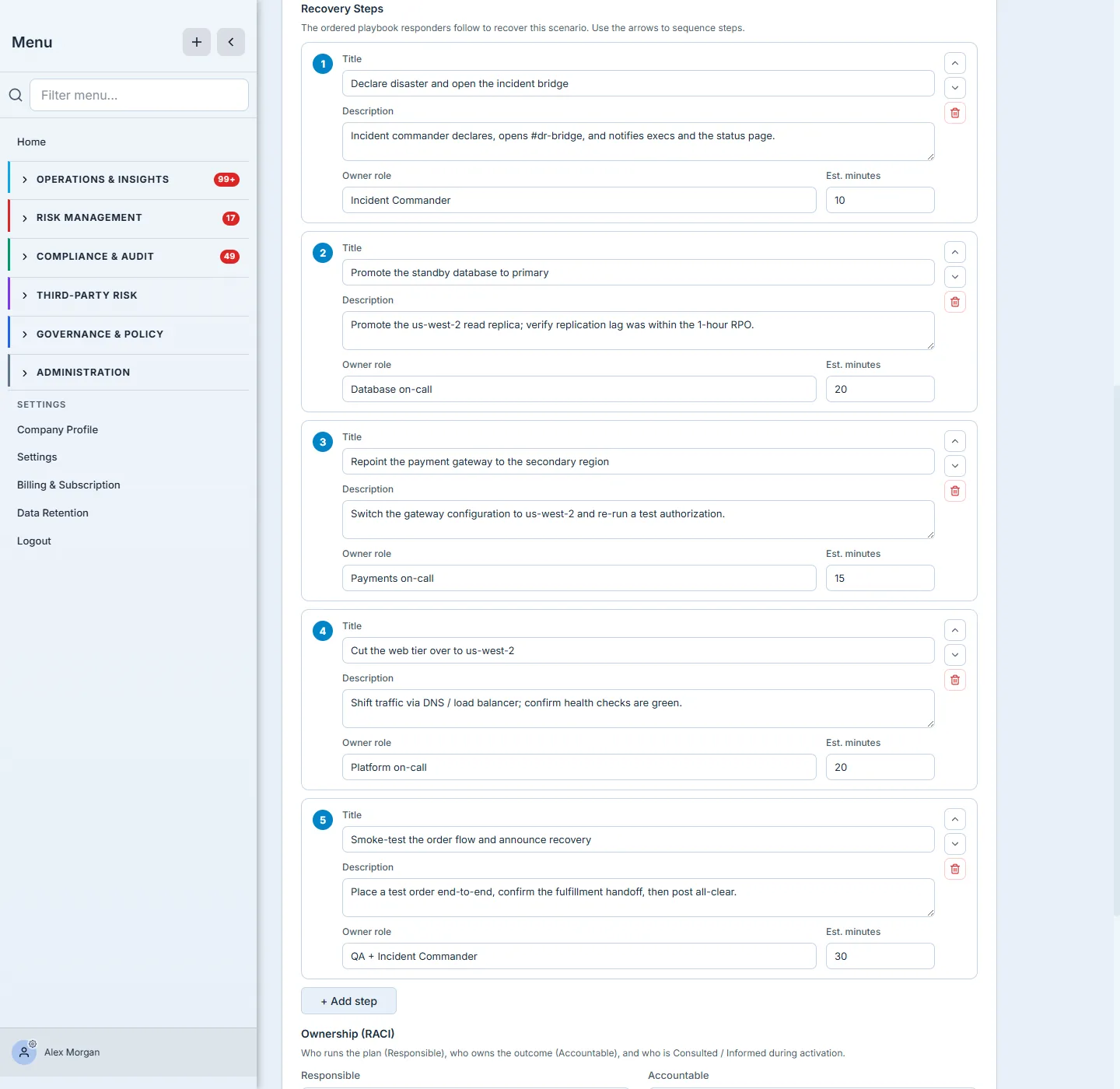 The ordered recovery steps — each with a title, what-to-do/how-to-confirm detail, an owner role, and an estimated duration, sequenced into the runbook responders follow.