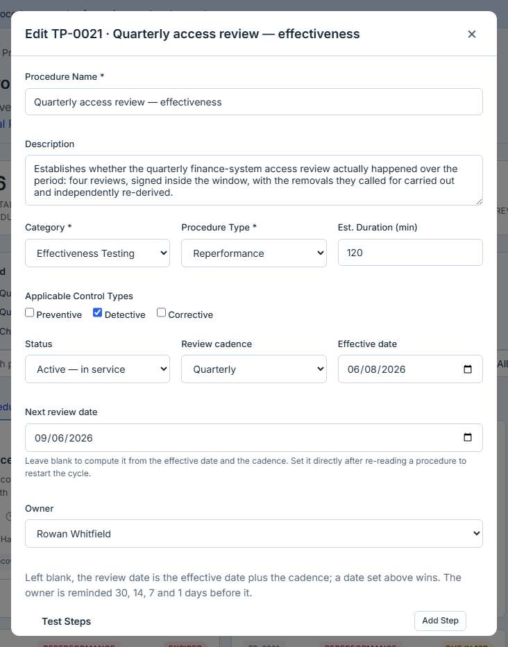 The top of the authoring form for a test procedure: name, description, category, procedure type and estimated duration, then the applicable control types, then a metadata row of status Active, review cadence Quarterly and an effective date, a next review date with a note that leaving it blank computes it from the cadence, and an owner picker set to Rowan Whitfield above a line stating that the owner is reminded at thirty, fourteen, seven and one days.
