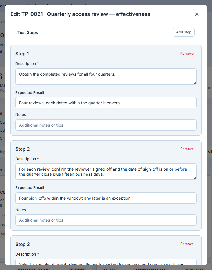 The step editor: step one carries its description, its expected result — four reviews, each dated within the quarter it covers — and an empty notes field, with step two beginning below it. Each step is a description and an expected result, entered as separate fields rather than one block of prose.