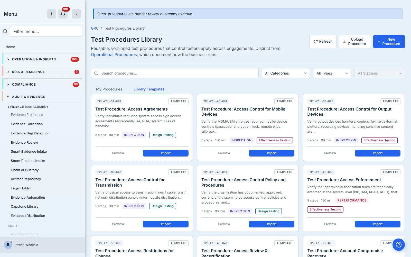The Library Templates tab: platform-provided procedures as cards, each named for the control it tests and carrying its step count, estimated duration, procedure type and category, beneath the same search and filter controls the library itself uses.